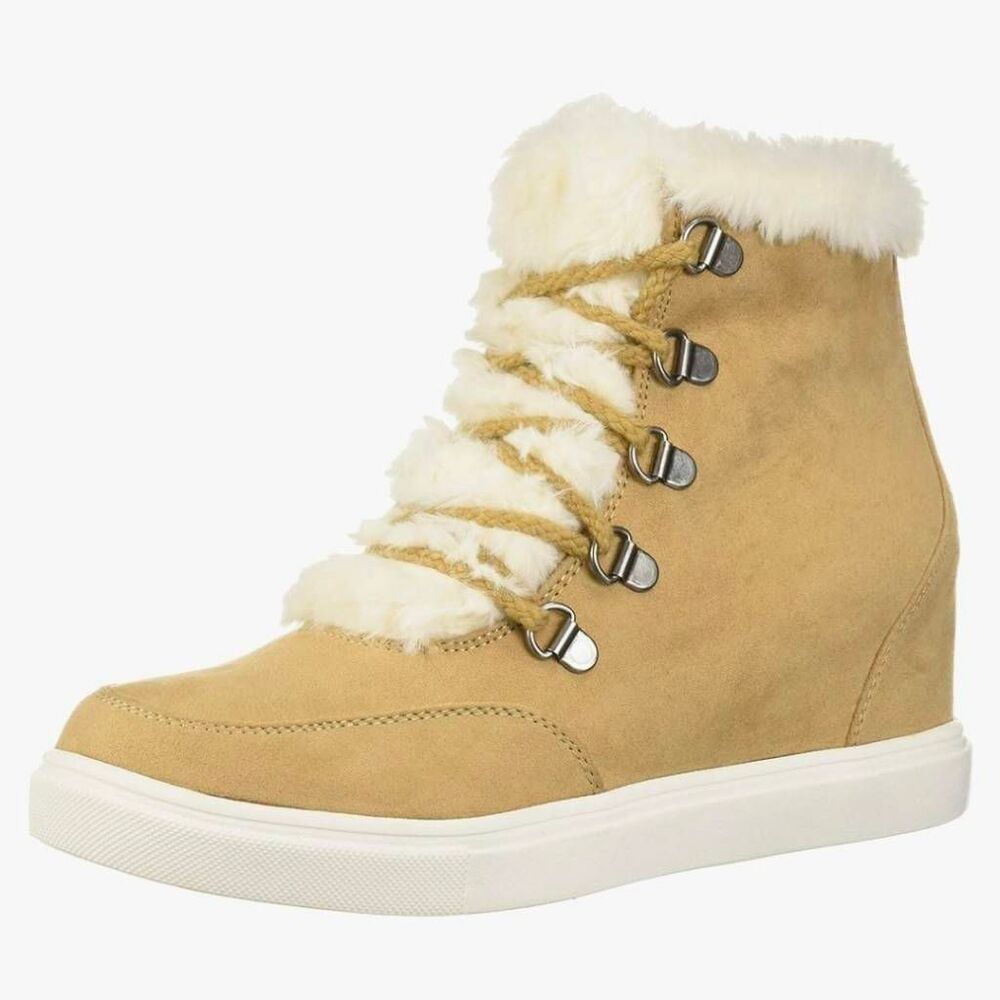 🩵Brash Tan & Cream Faux Fur Lined Hidden Wedge Lace Shoes Size 11